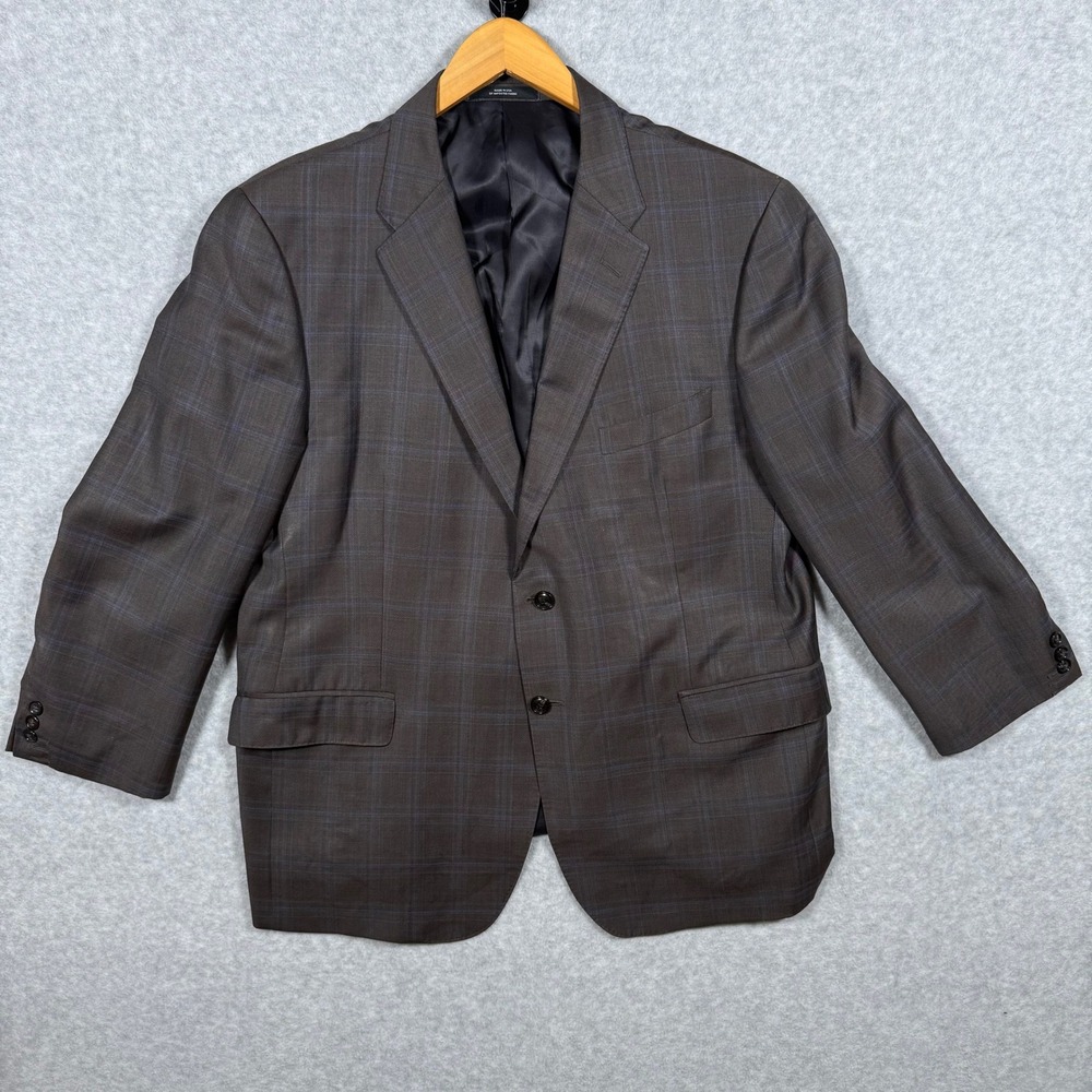 Ermenegildo Zegna Brown Blue Plaid Trofeo Wool Blazer Suit Jacket 46 Made in USA